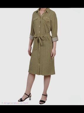 NY Collection Yellow and Black Chevron Tie-Waist Shirt Midi Dress